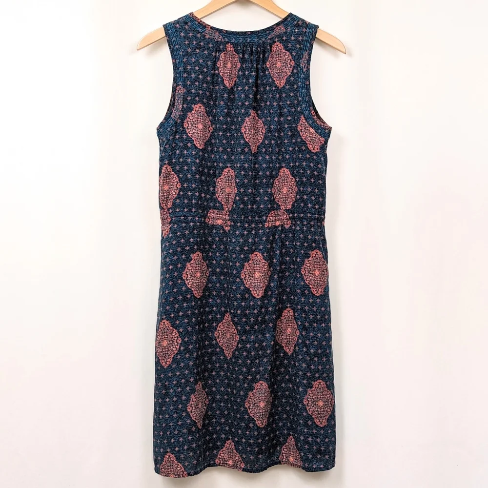Lucky Brand Tank Dress Drawstring Waist Button Front Medallion Print Blue Pink S